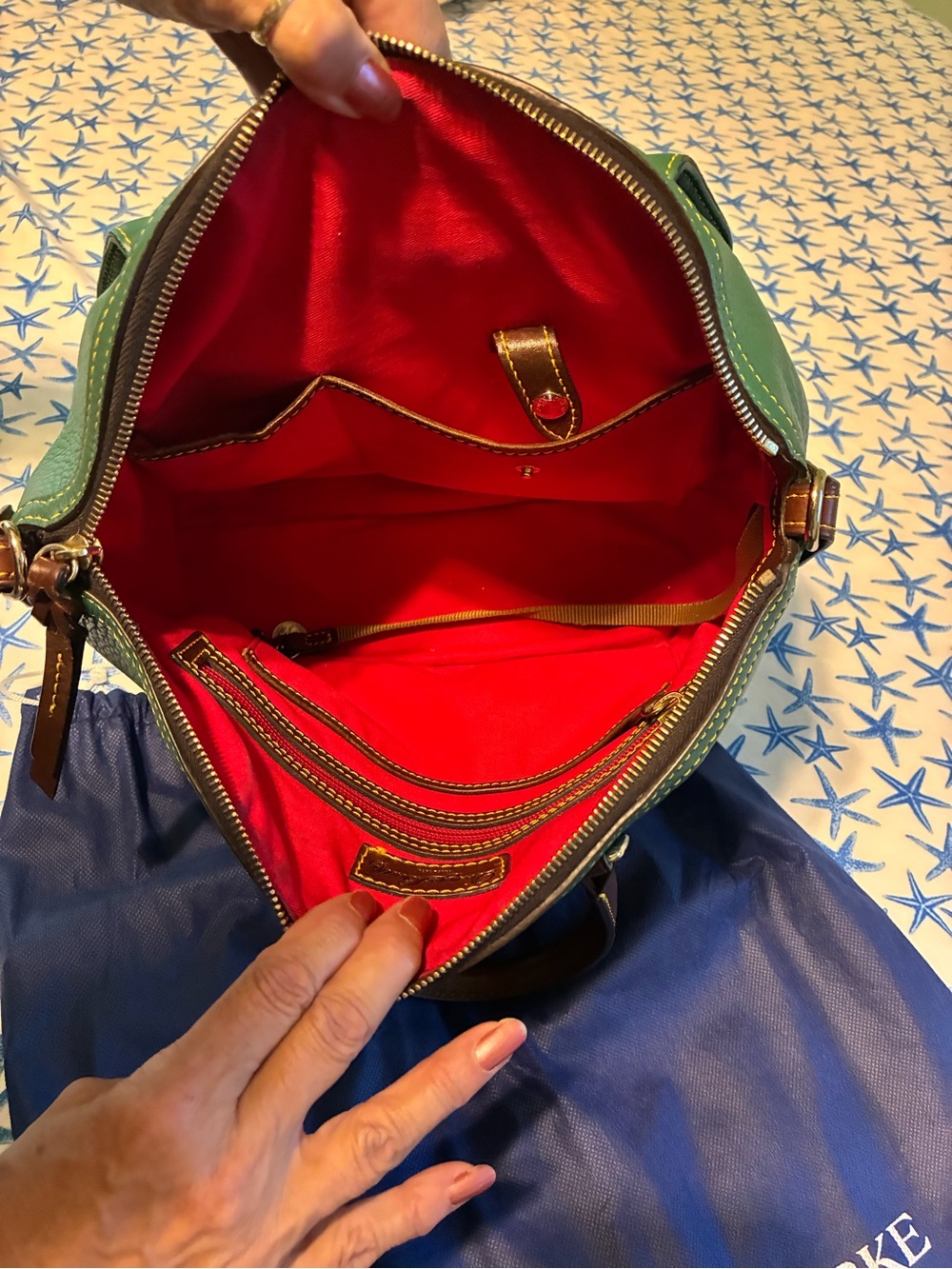 Dooney & Bourke Green Leather Satchel with Brown Handles and Gold Hardware - Picture 3 of 8
